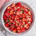 Watermelon Strawberry Salad Easy Amazing Summer Lunch 7 Watermelon strawberry salad with feta, mint, and lime in a ceramic bowl