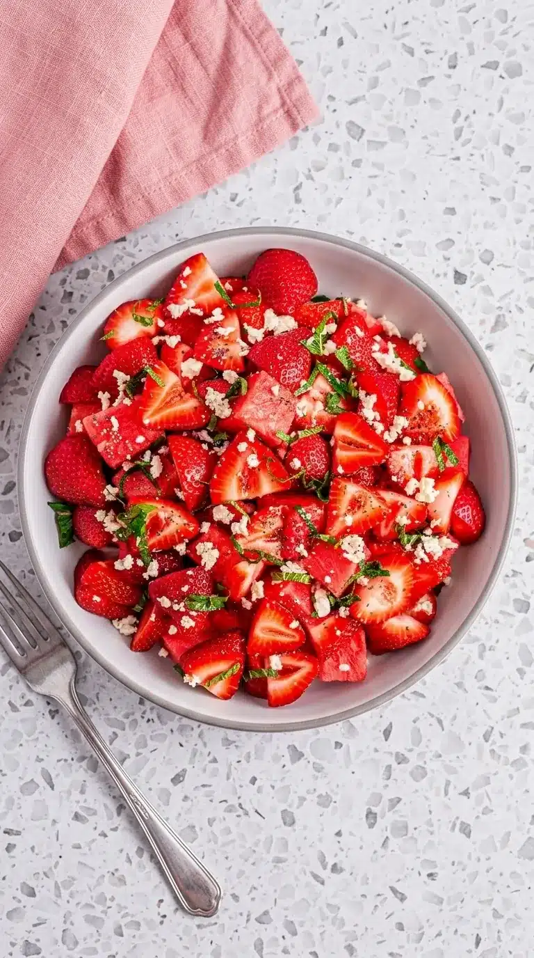 Watermelon strawberry salad with feta, mint, and lime in a ceramic bowl