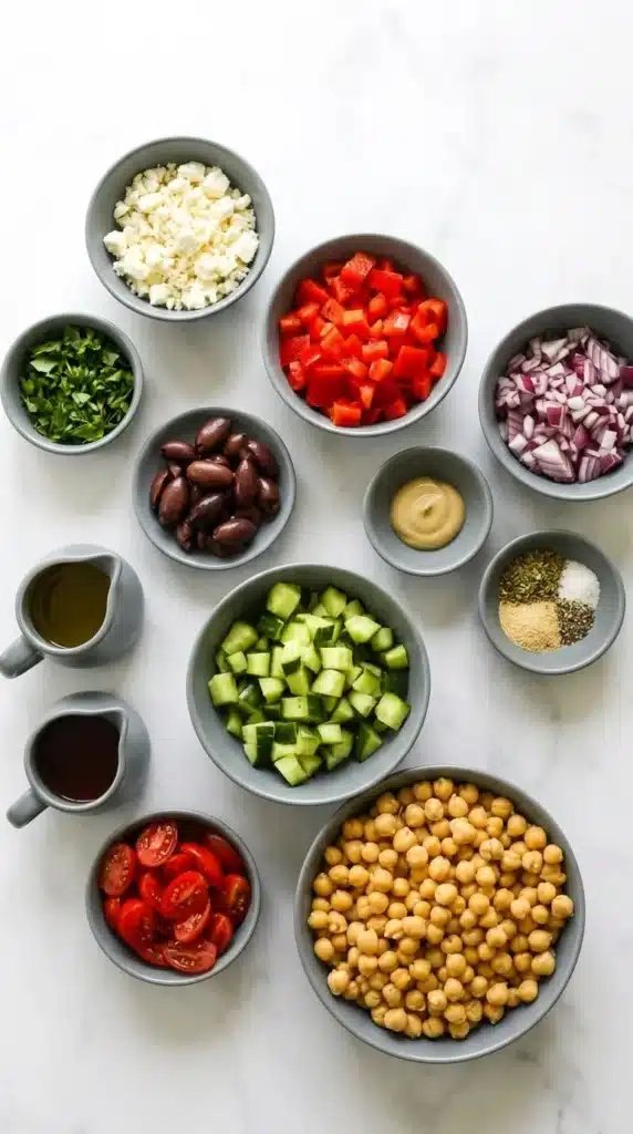 10-Minute Mediterranean Chickpea Salad ingredients arranged in bowls for an easy Mediterranean recipe