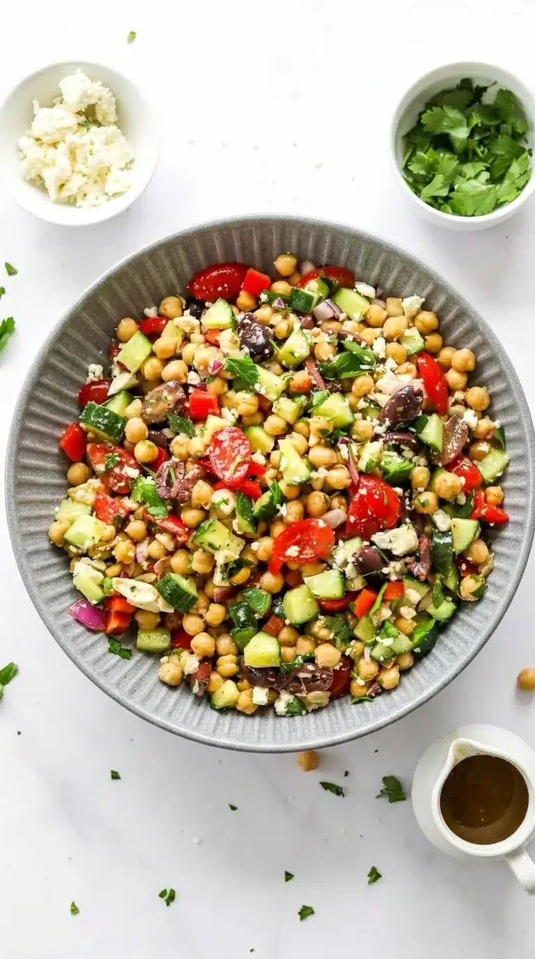 10-Minute Mediterranean Chickpea Salad with chickpeas, cucumber, tomatoes, olives, feta, and homemade vinaigrette