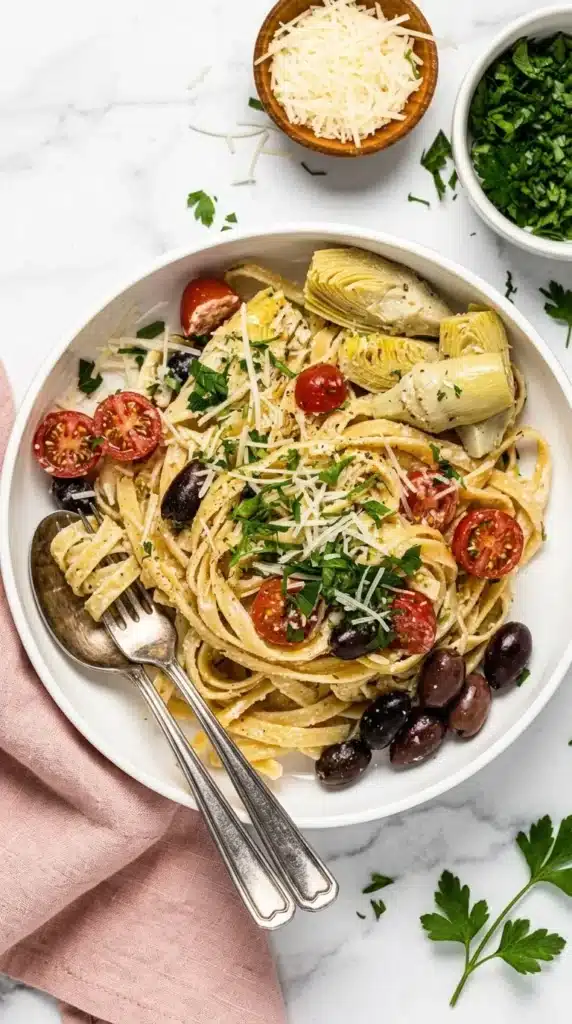 Creamy 15 Minute Greek Pasta with feta, olives, tomatoes, and artichokes