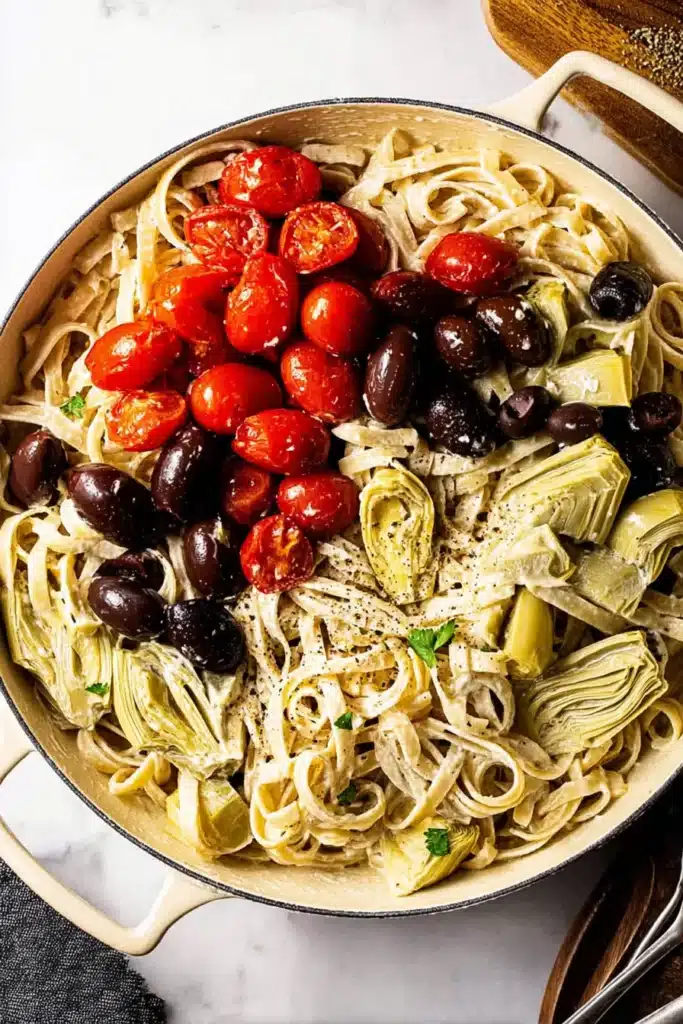 15 Minute Greek Pasta Recipe | Amazing Quick Dinner 5 15 Minute Greek Pasta with artichokes, olives, and tomatoes in creamy feta sauce