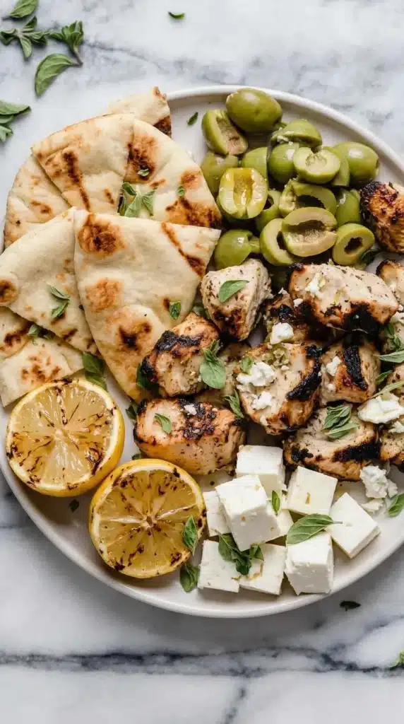 Greek marinated grilled chicken platter with feta, olives, grilled lemon, and flatbread