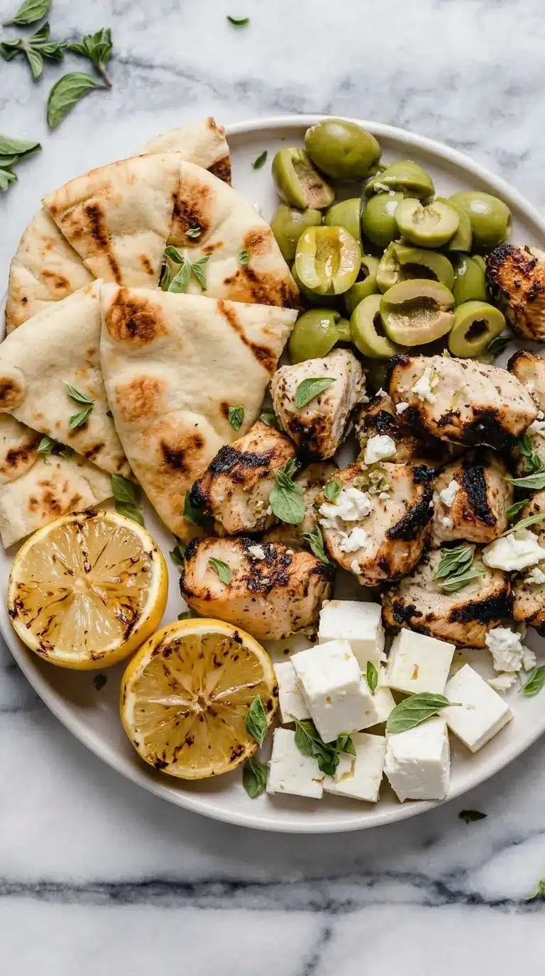 Greek marinated grilled chicken platter with feta, olives, grilled lemon, and flatbread