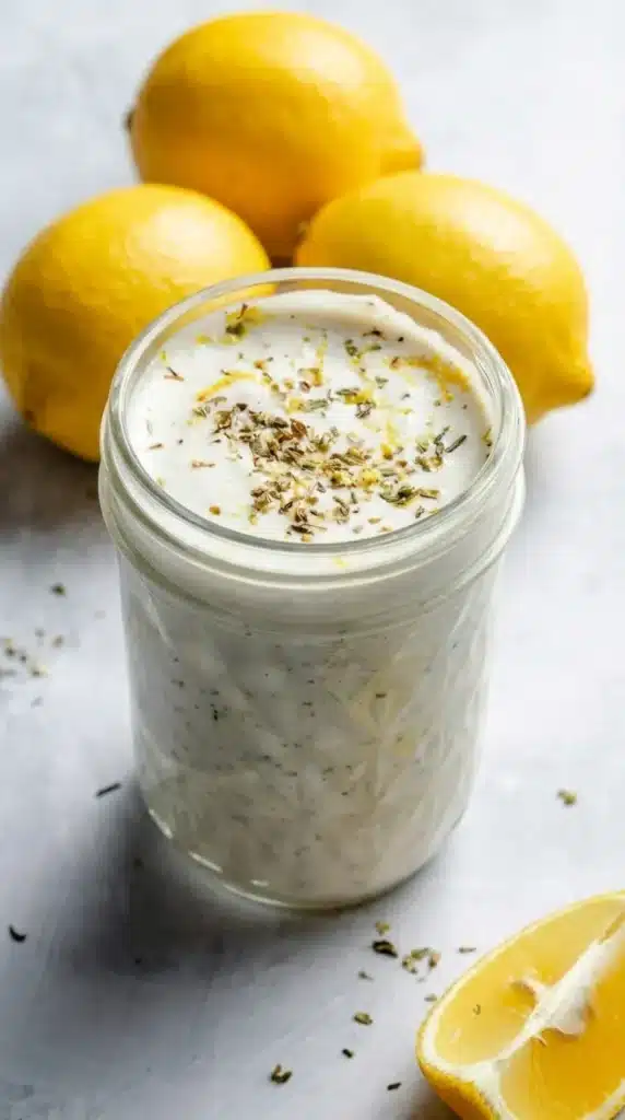5-Minute Bright & Punchy Greek Marinade in a glass jar with lemon zest and oregano