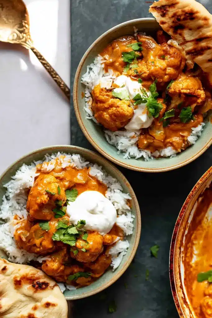Butter Cauliflower Recipe | Amazing Creamy Dinner 6 Butter Cauliflower served with basmati rice, yogurt, cilantro, and naan