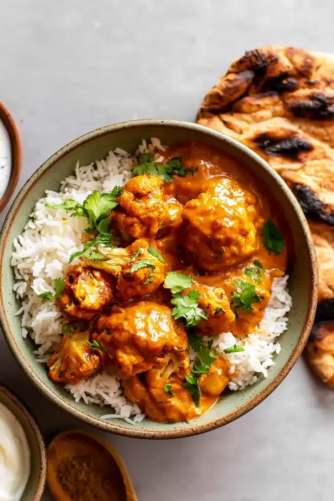 Butter cauliflower over basmati rice with naan and cilantro garnish