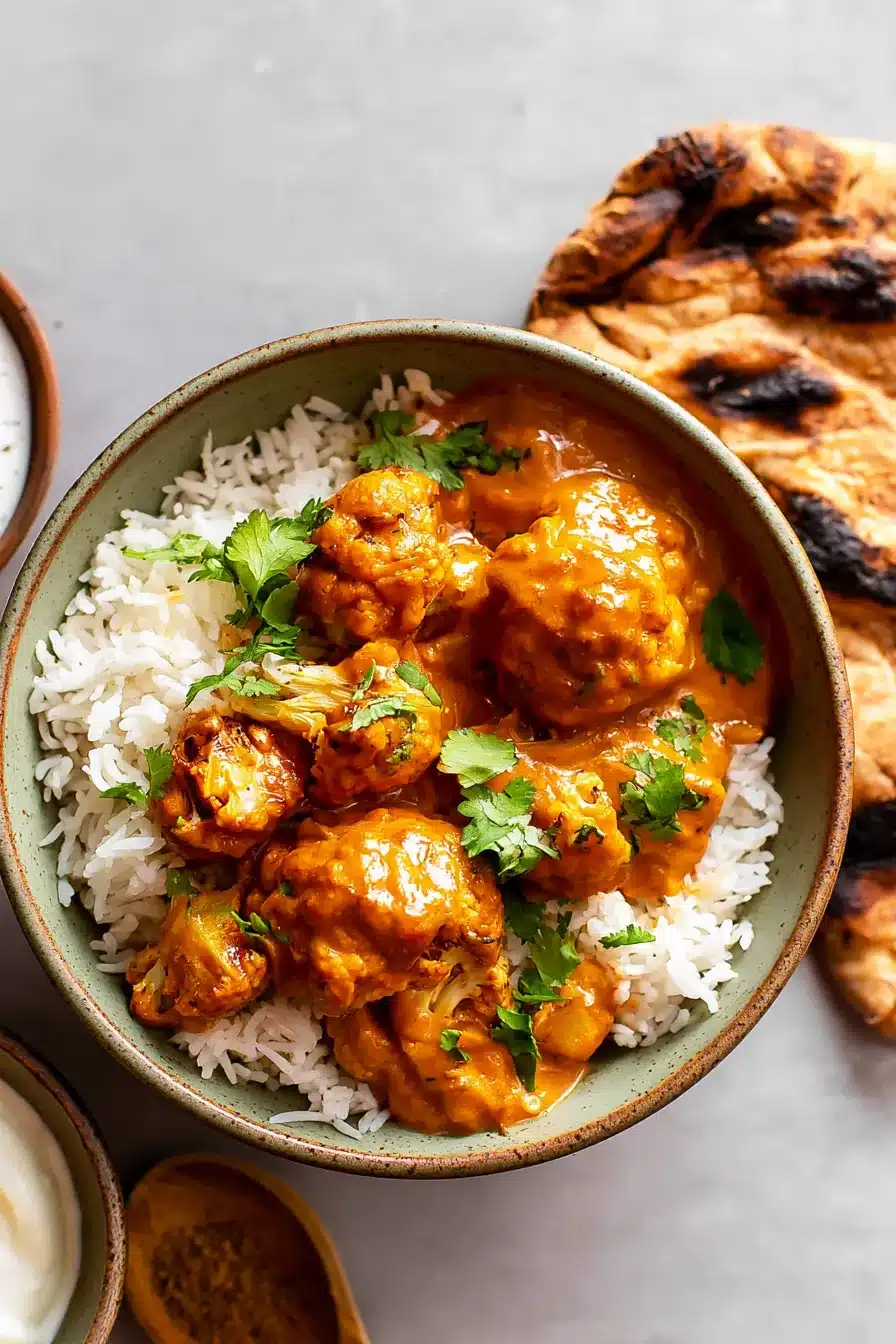 Butter cauliflower over basmati rice with naan and cilantro garnish
