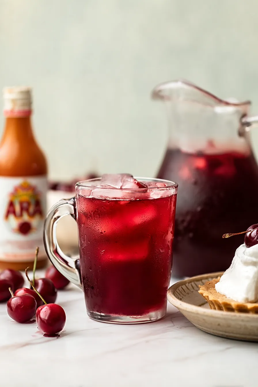 Cherry Pie Iced Tea served in a glass pitcher with cherry pie and fresh cherries