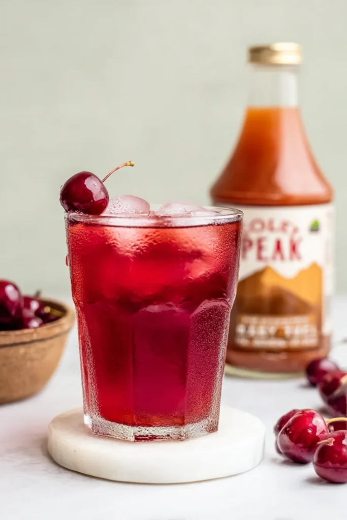 Cherry Pie Iced Tea served over ice in a glass with fresh cherries
