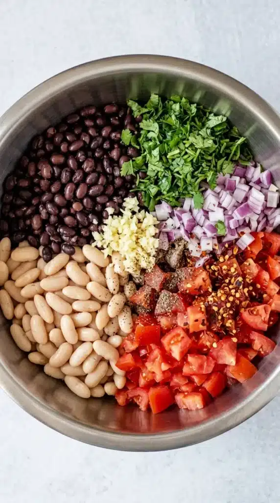 Lemon Basil Three Bean Salad Easy Amazing Lunch Recipe 6 Lemon Basil Three Bean Salad ingredients prepared in a bowl before mixing