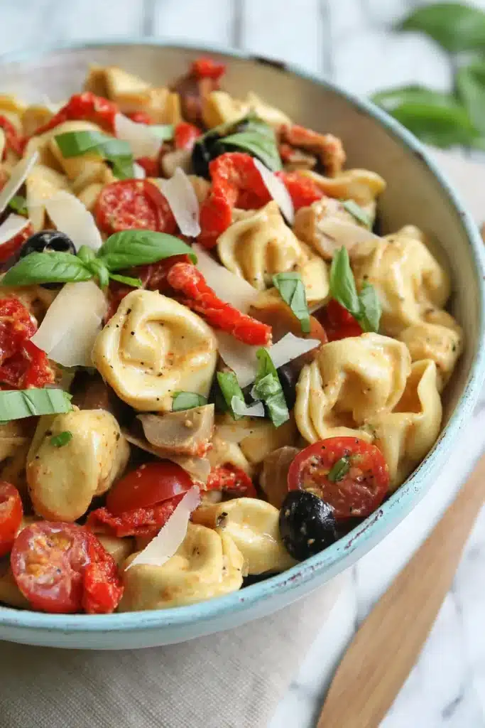 Parmesan Tortellini Salad | Amazing Easy Summer Favorite 5 Parmesan Tortellini Salad with basil, roasted red peppers, tomatoes, and olives