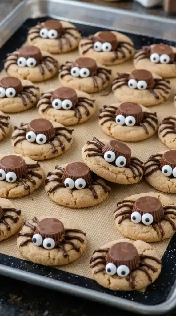 Peanut Butter Spider Cookies Easy Amazing Halloween Treat 5 Peanut Butter Spider Cookies decorated with chocolate legs and candy eyes on a Halloween baking tray