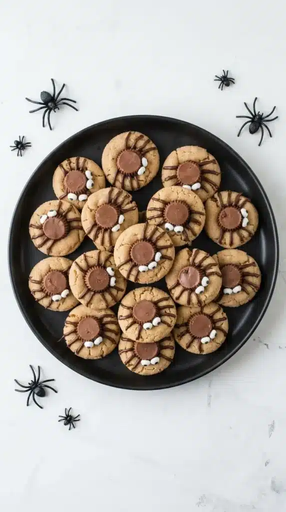 Peanut Butter Spider Cookies Easy Amazing Halloween Treat 6 Peanut Butter Spider Cookies displayed on black serving trays for a Halloween dessert spread