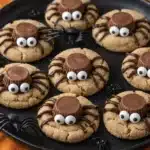 Peanut Butter Spider Cookies Easy Amazing Halloween Treat 7 Peanut Butter Spider Cookies with candy eyes and chocolate legs on a Halloween dessert tray
