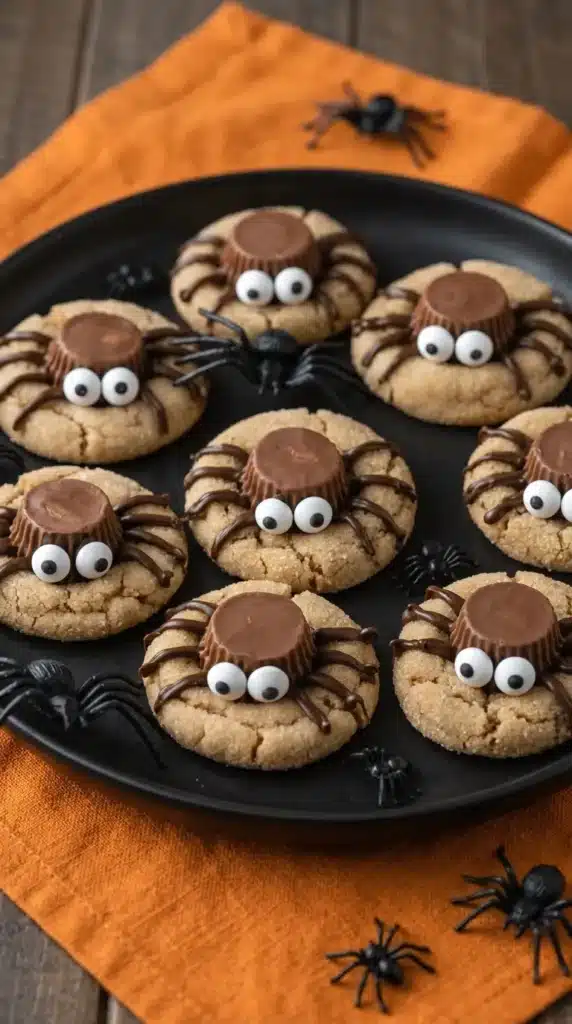 Peanut Butter Spider Cookies with candy eyes and chocolate legs on a Halloween dessert tray
