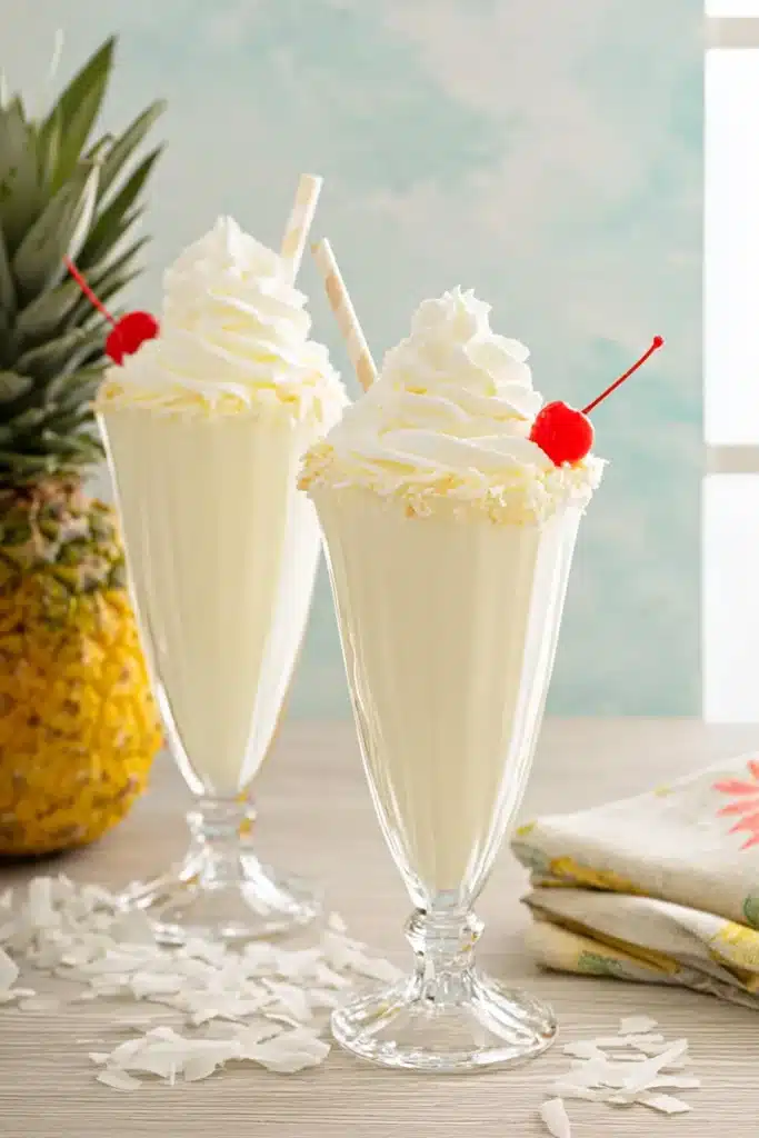 Creamy Pina Colada Milkshakes topped with whipped cream, cherries, and coconut rims