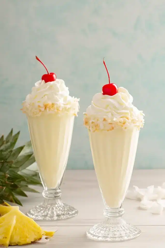 Pina Colada Milkshakes topped with whipped cream, cherries, and coconut rims