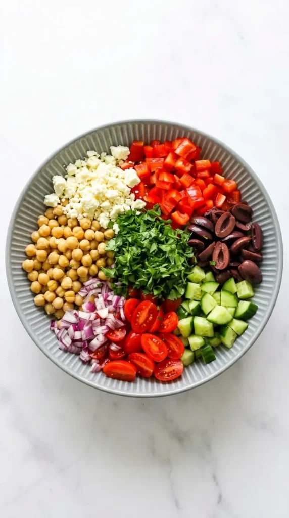 10-Minute Mediterranean Chickpea Salad ingredients arranged in a bowl before mixing