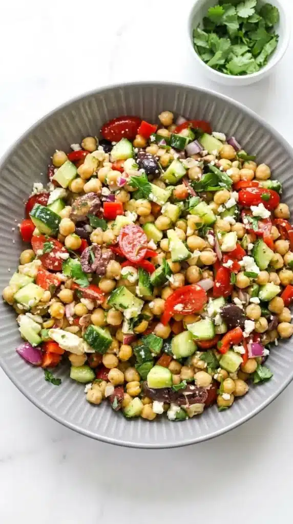 Close up of 10-Minute Mediterranean Chickpea Salad with feta, chickpeas, cucumber, tomatoes, and olives