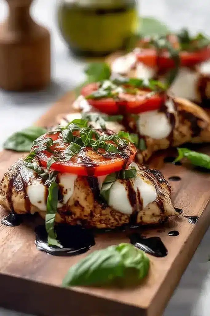 Simple Grilled Chicken Caprese with mozzarella, tomatoes, basil, and balsamic glaze