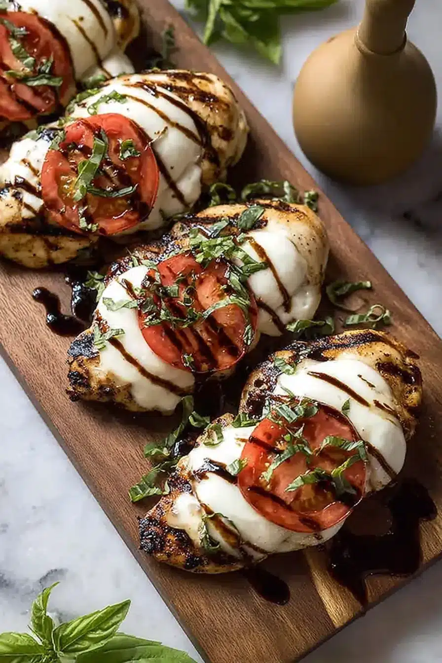 Simple Grilled Chicken Caprese with mozzarella, tomatoes, basil, and balsamic glaze