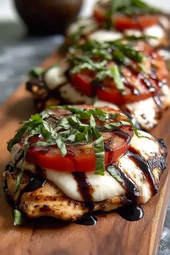 Simple Grilled Chicken Caprese with melted mozzarella, tomato, basil, and balsamic glaze