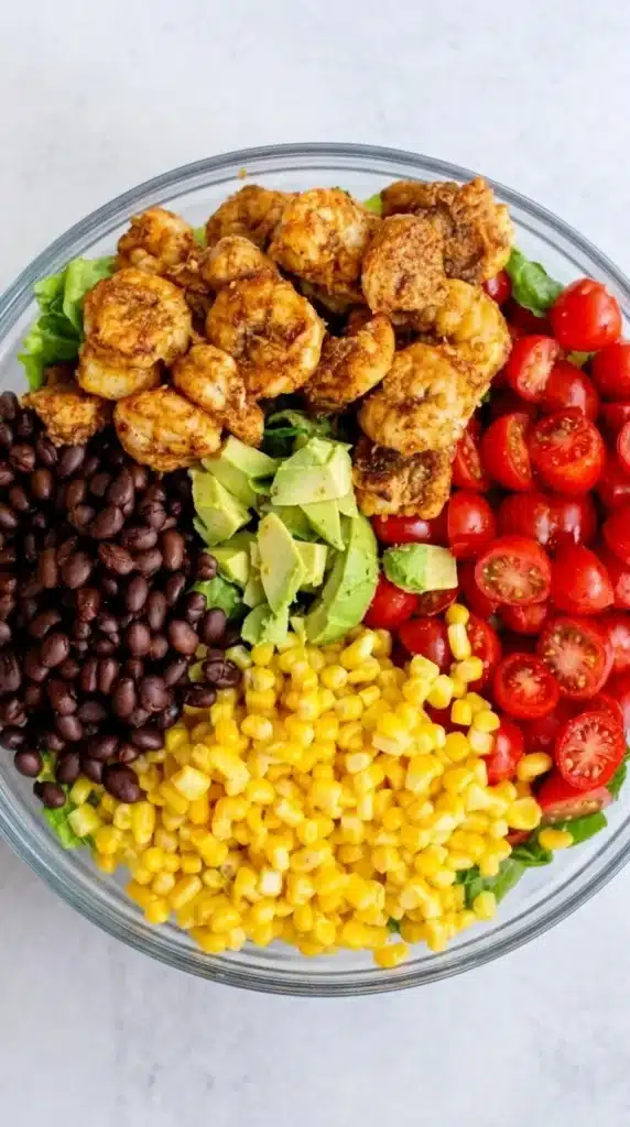 Southwestern Shrimp Salad assembled with shrimp, avocado, corn, black beans, and tomatoes