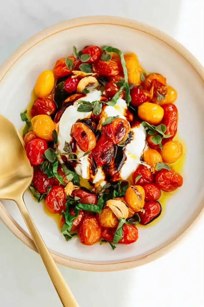 Baked Burrata Recipe | Amazing Easy Lunch Favorite 7 Baked Burrata Recipe with roasted tomatoes and balsamic glaze