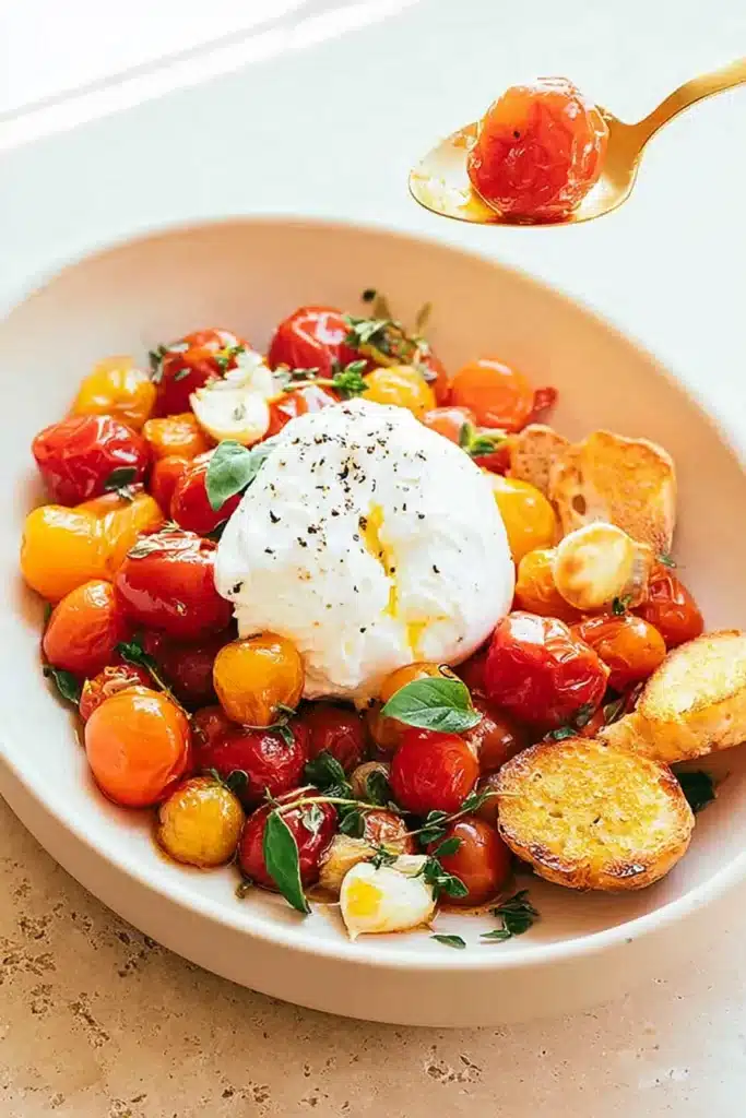 Baked Burrata Recipe | Amazing Easy Lunch Favorite 6 Baked Burrata Recipe with roasted cherry tomatoes and balsamic glaze