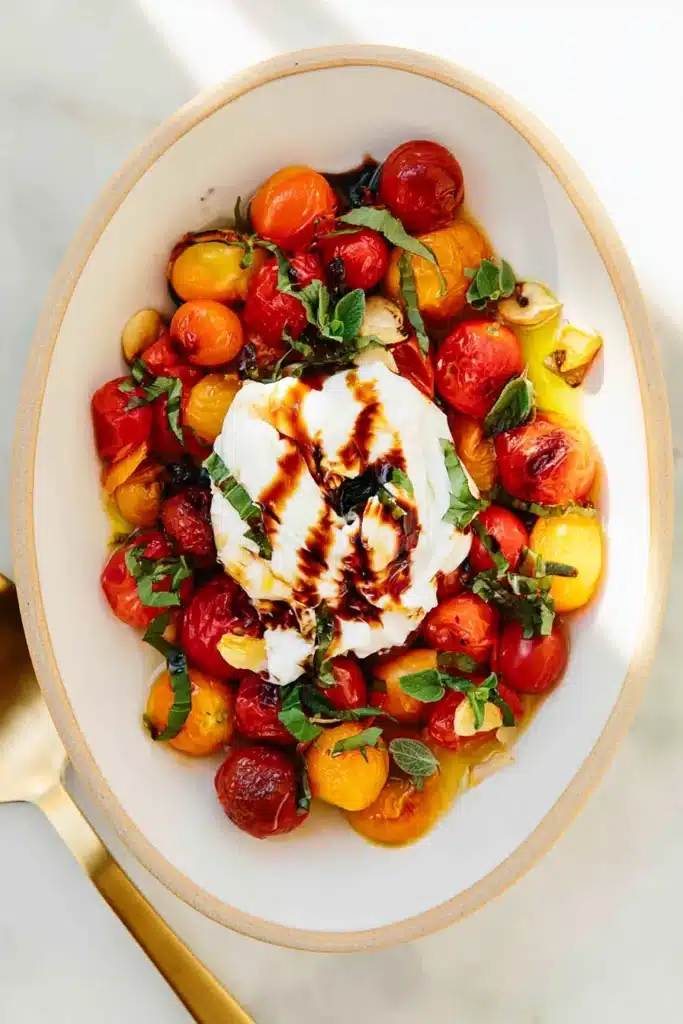 Baked Burrata Recipe | Amazing Easy Lunch Favorite 8 Baked Burrata Recipe served with roasted tomatoes and crostini