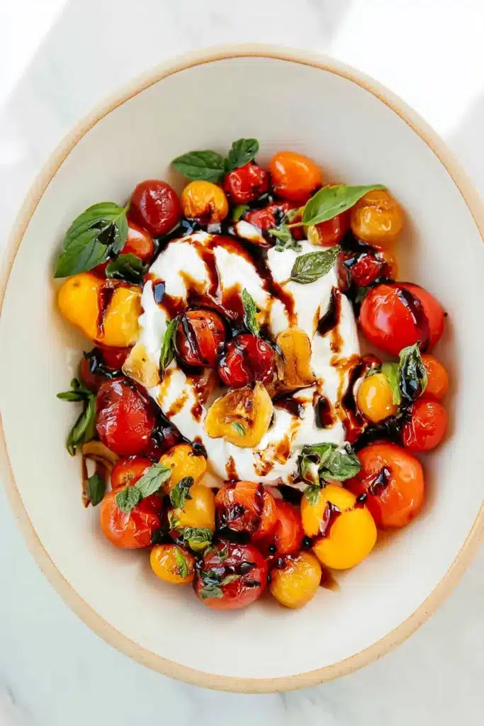 Baked burrata with roasted cherry tomatoes, fresh basil, and balsamic glaze in a serving bowl