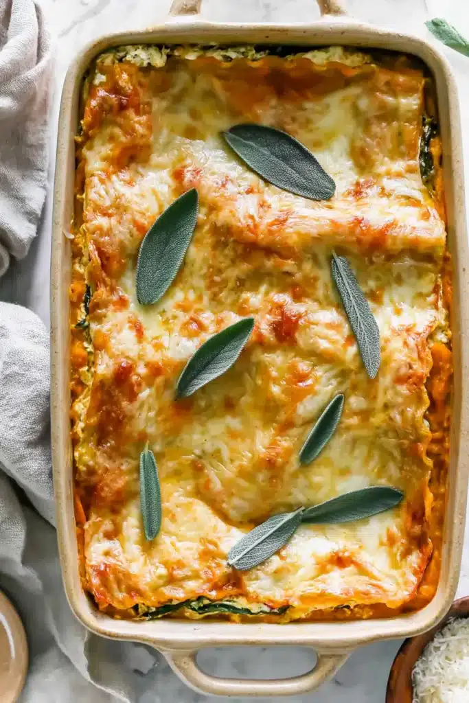 Vegetarian Pumpkin Spinach Lasagna Amazing Fall Favorite 5 Vegetarian Pumpkin Spinach Lasagna with golden cheese and sage