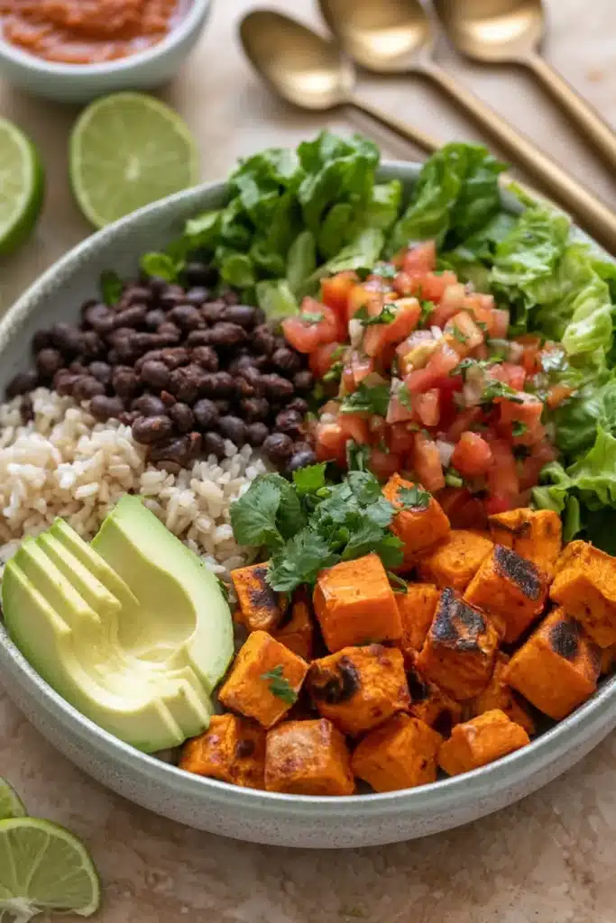 Black Bean Sweet Potato Burrito Bowls Recipe | Amazing Easy Dinner 5 Black Bean Sweet Potato Burrito Bowls Recipe with avocado, beans, rice, and roasted sweet potatoes