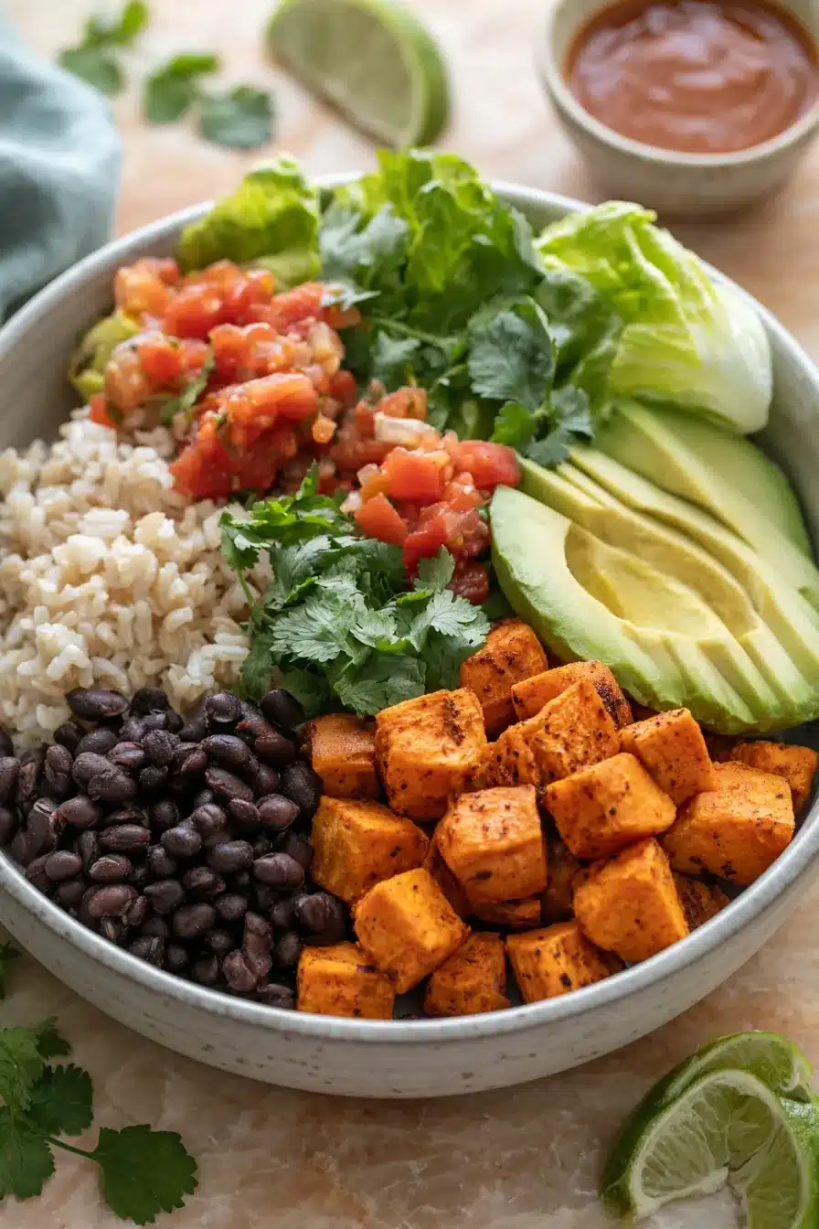 Black Bean Sweet Potato Burrito Bowls Recipe with avocado, rice, salsa, and lime