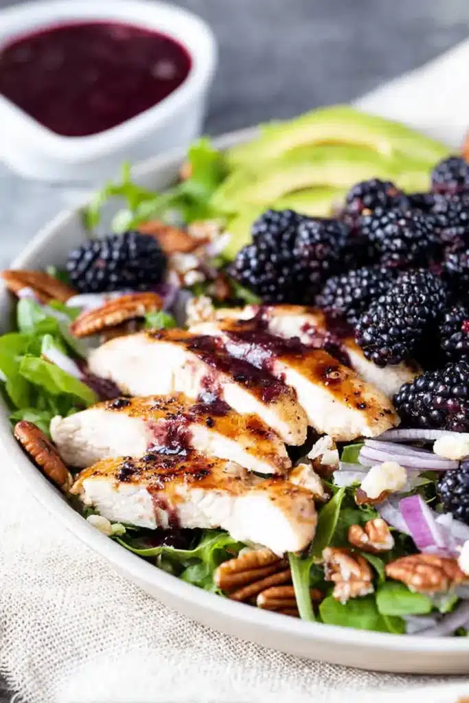 Blackberry Chicken Salad | Amazing Fresh Summer Favorite 6 Blackberry Chicken Salad with homemade blackberry balsamic dressing over grilled chicken