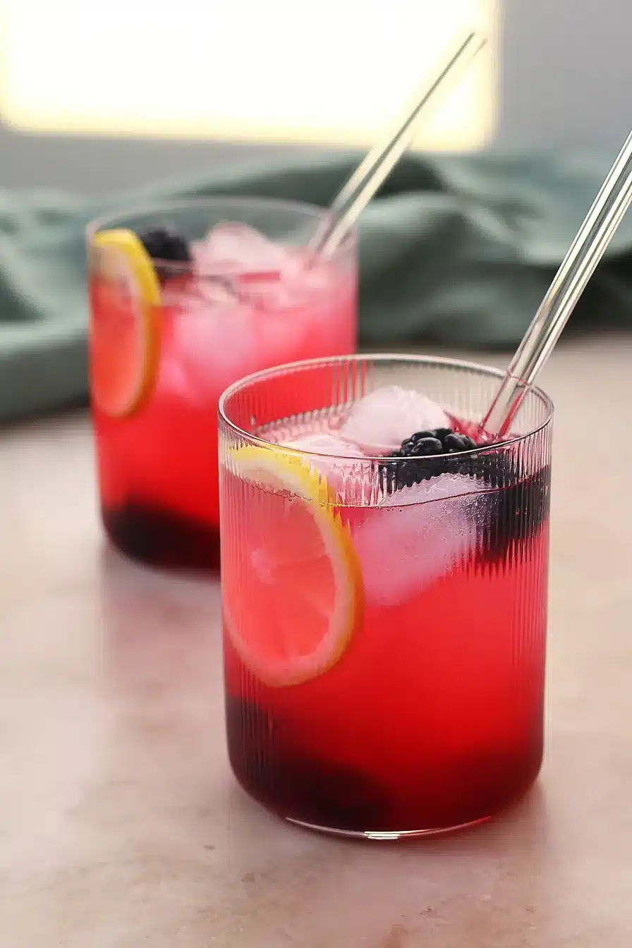 Blackberry lemonade with lemon slices, blackberries, and ice