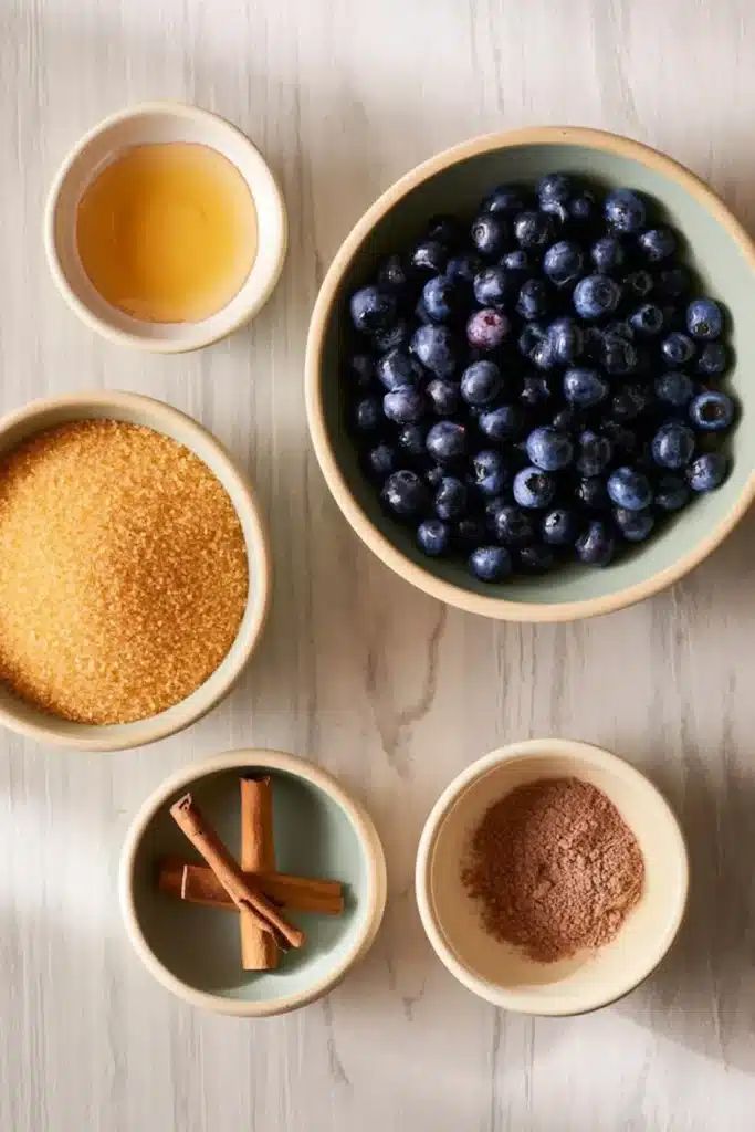 Blueberry Butter Recipe: Amazing Easy Breakfast Spread 6 Blueberry Butter ingredients including blueberries, brown sugar, honey, cinnamon, and nutmeg