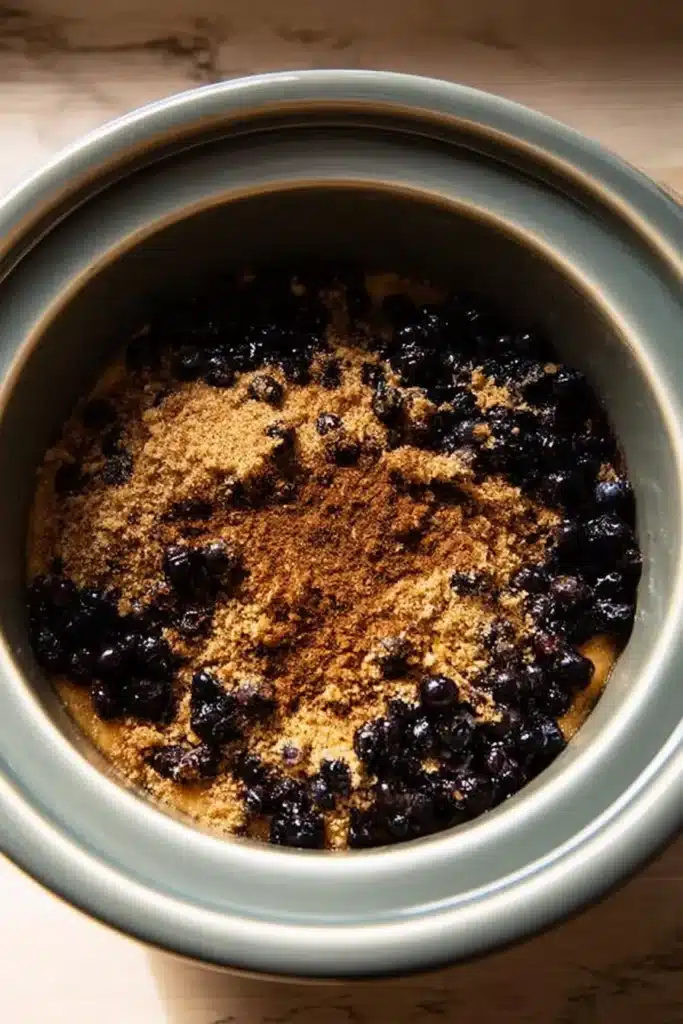 Blueberry Butter Recipe: Amazing Easy Breakfast Spread 7 Blueberry Butter ingredients in a slow cooker before cooking