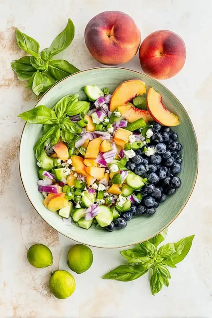 Blueberry Cucumber Salad with Peaches and Goat Cheese ingredients in a bowl