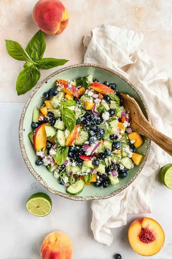 Blueberry Cucumber Salad with Peaches and Goat Cheese ready to serve