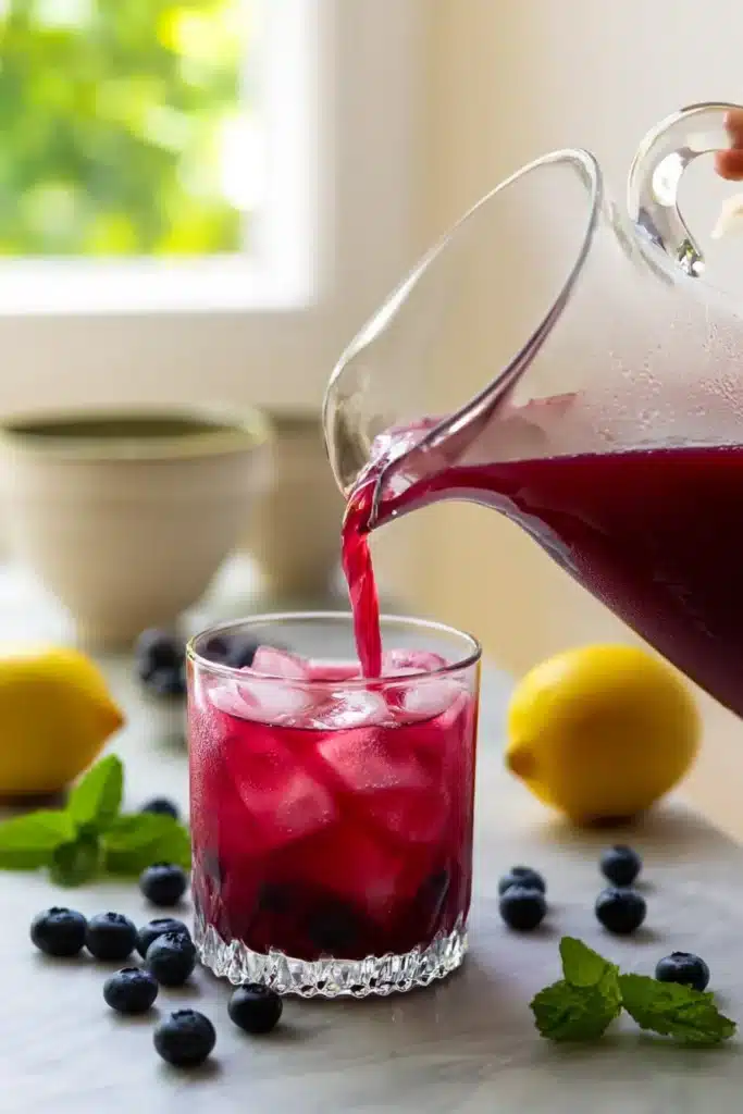 Blueberry Lemonade Recipe | Amazing Fresh Summer Favorite 4 Blueberry Lemonade being poured over ice from a glass pitcher