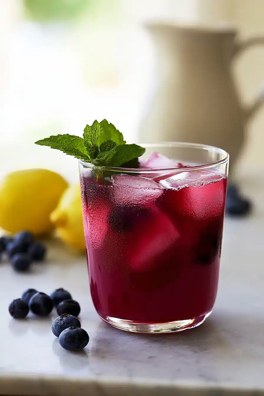 Blueberry lemonade with ice, fresh mint, lemons, and blueberries in a chilled glass
