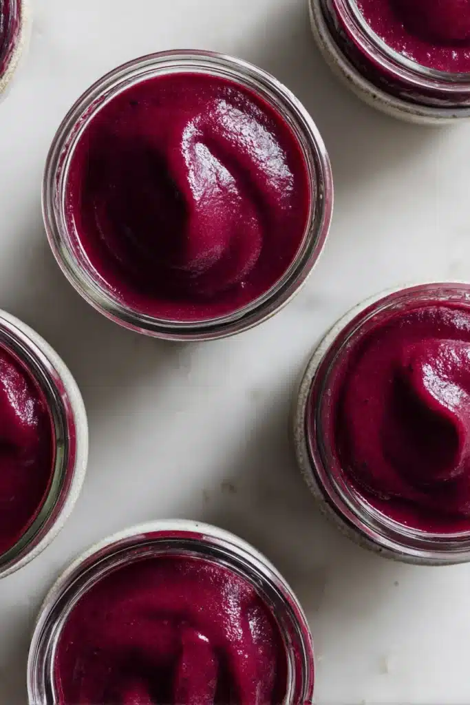 Blueberry vanilla applesauce in small bowls with smooth purple fruit puree