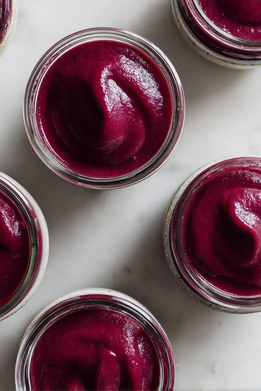 Blueberry vanilla applesauce in small bowls with smooth purple fruit puree