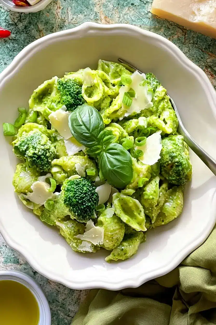 Creamy broccoli pasta with parmesan, basil, and tender broccoli florets in a white bowl
