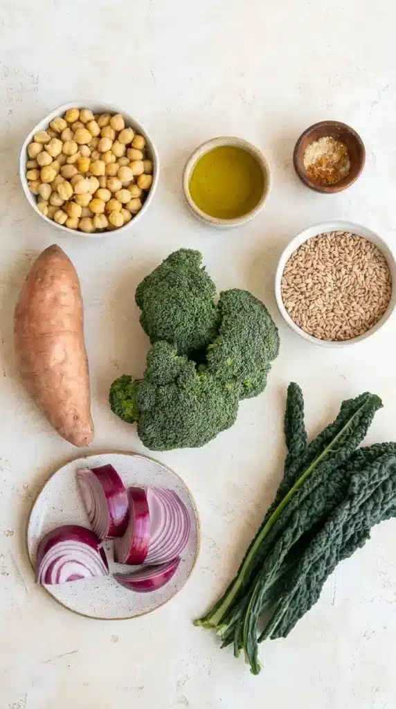 Broccoli Sweet Potato Bowl ingredients with broccoli, kale, chickpeas, grains, and sweet potato