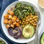 Broccoli Sweet Potato Bowl with chickpeas, avocado, grains, and tahini dressing
