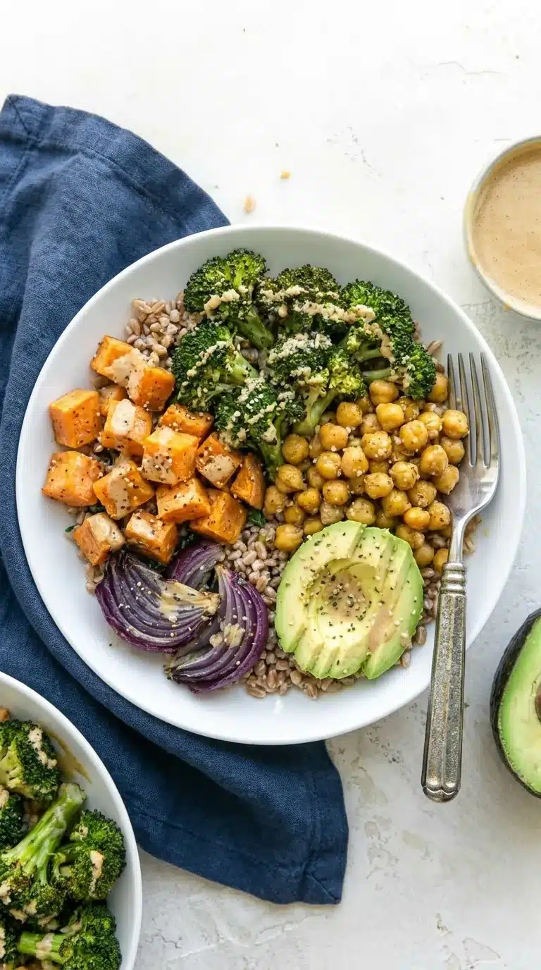 Broccoli Sweet Potato Bowl with chickpeas, avocado, grains, and tahini dressing