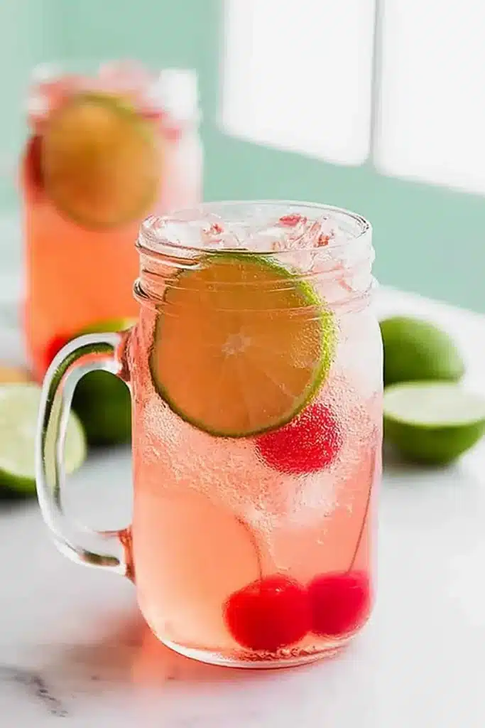 Cherry Limeade served in mason jar glasses with lime slices and ice